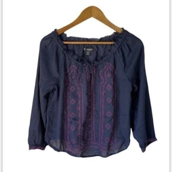 American Eagle Shirt Womens Medium Pink Embroidered Sheer Blue Boho Peasant - Picture 1 of 10